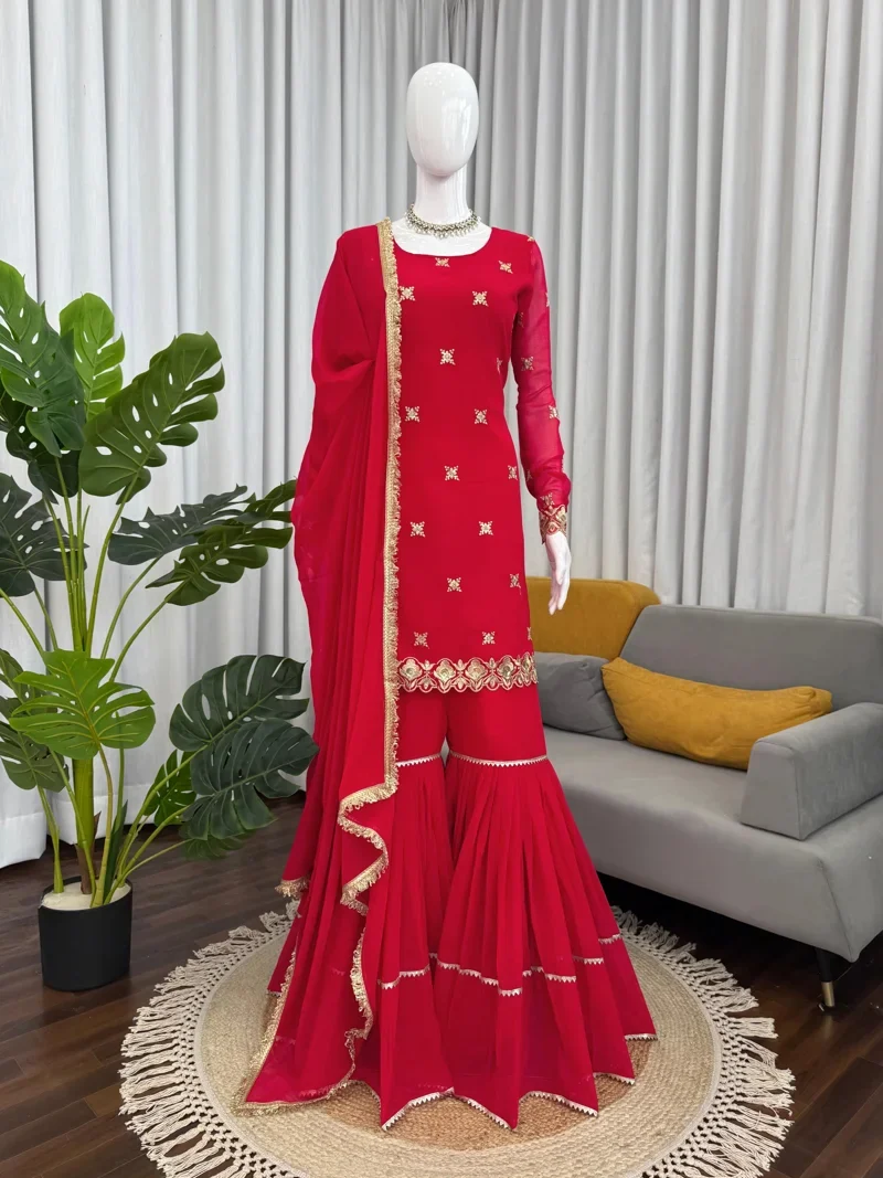 Red Faux Georgette Thread with Sequnce Designer Salwar Kameez - 5933_1 View 1
