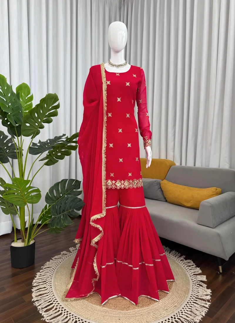 Red Faux Georgette Thread with Sequnce Designer Salwar Kameez - 5933_1 View 1