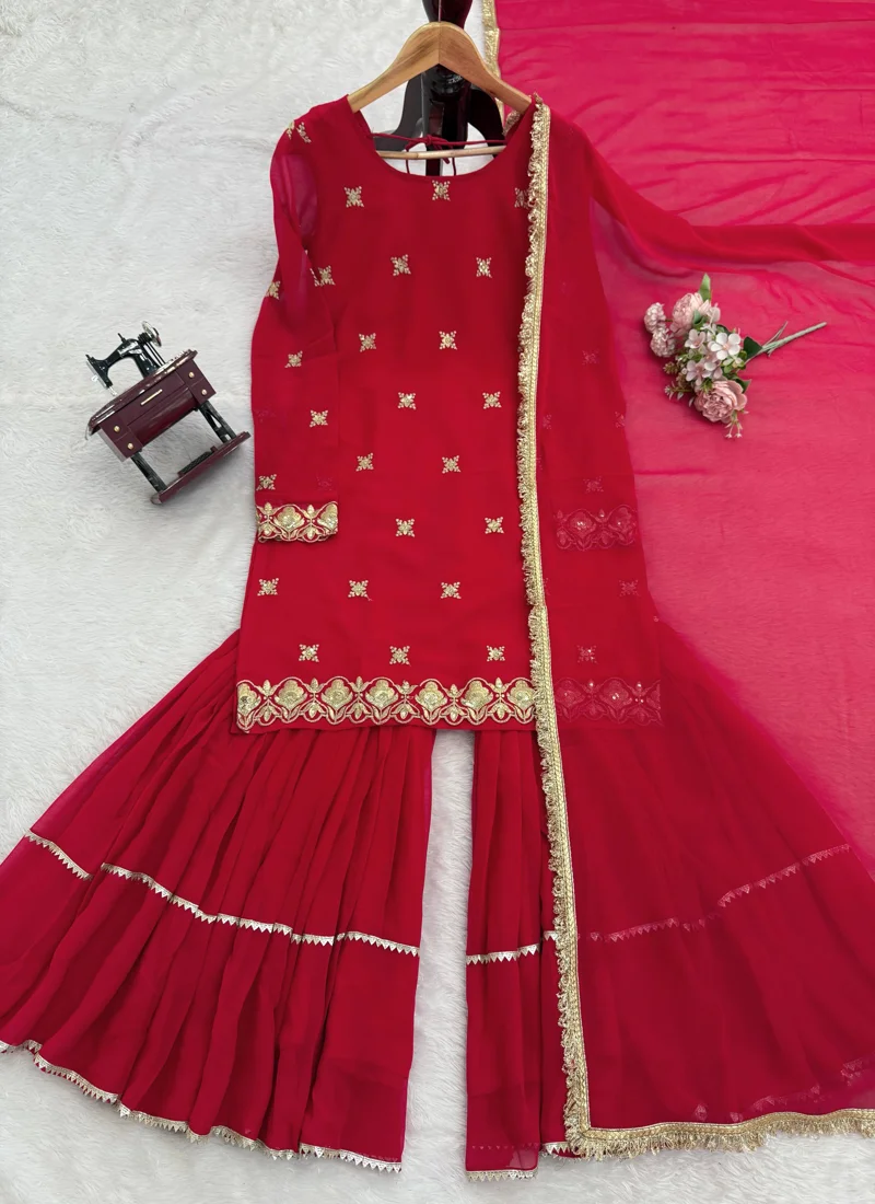 Red Faux Georgette Thread with Sequnce Designer Salwar Kameez - 5933_1 View 3