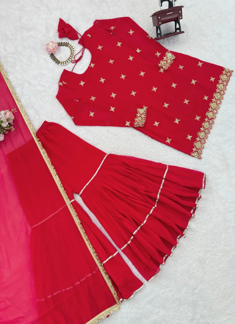 Red Faux Georgette Thread with Sequnce Designer Salwar Kameez - 5933_1 View 4