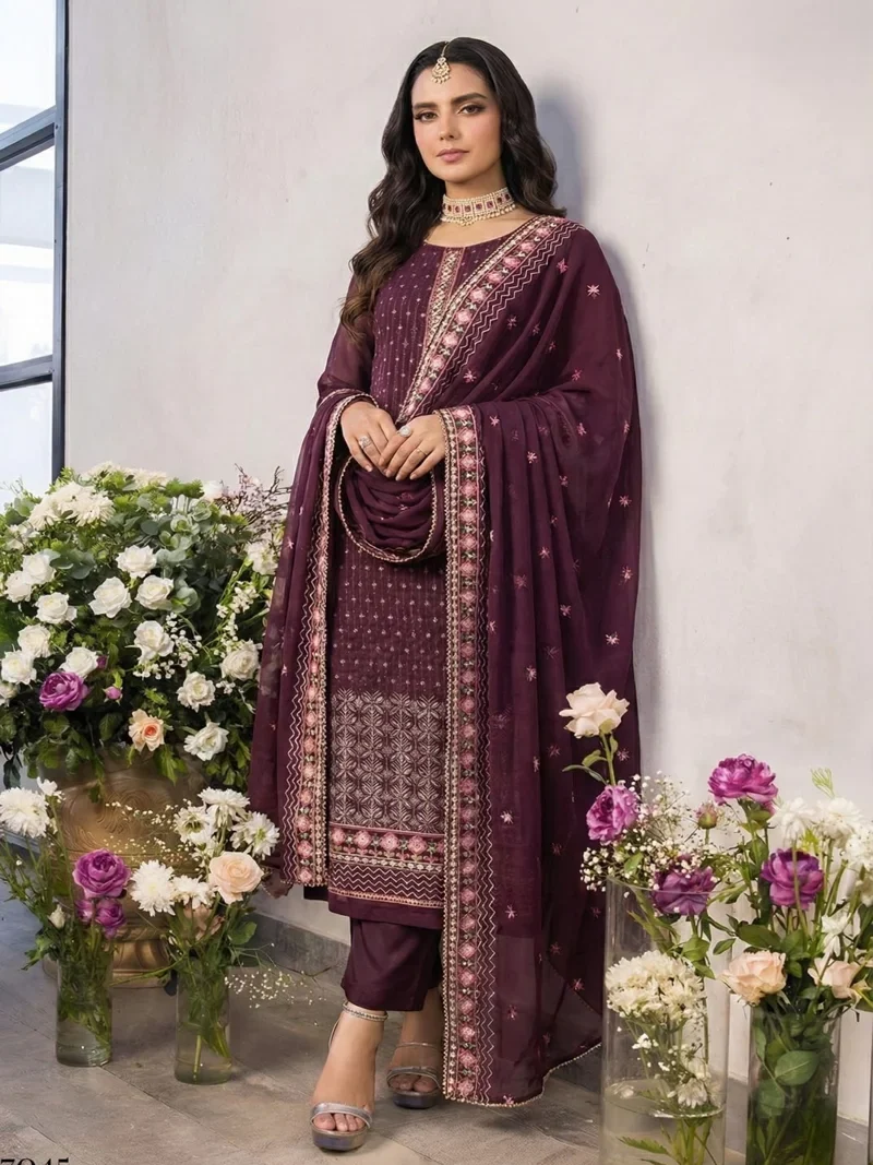 Violet Georgette Embroidered Designer Salwar Kameez - 7045 View 1