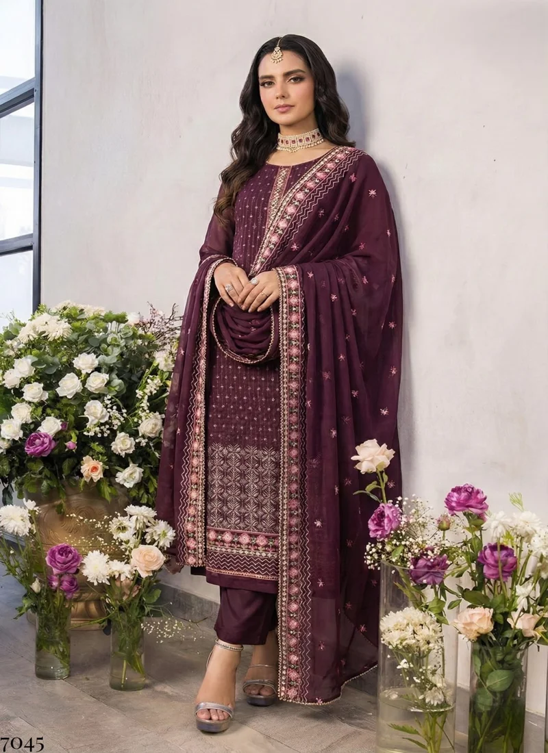 Violet Georgette Embroidered Designer Salwar Kameez - 7045 View 1
