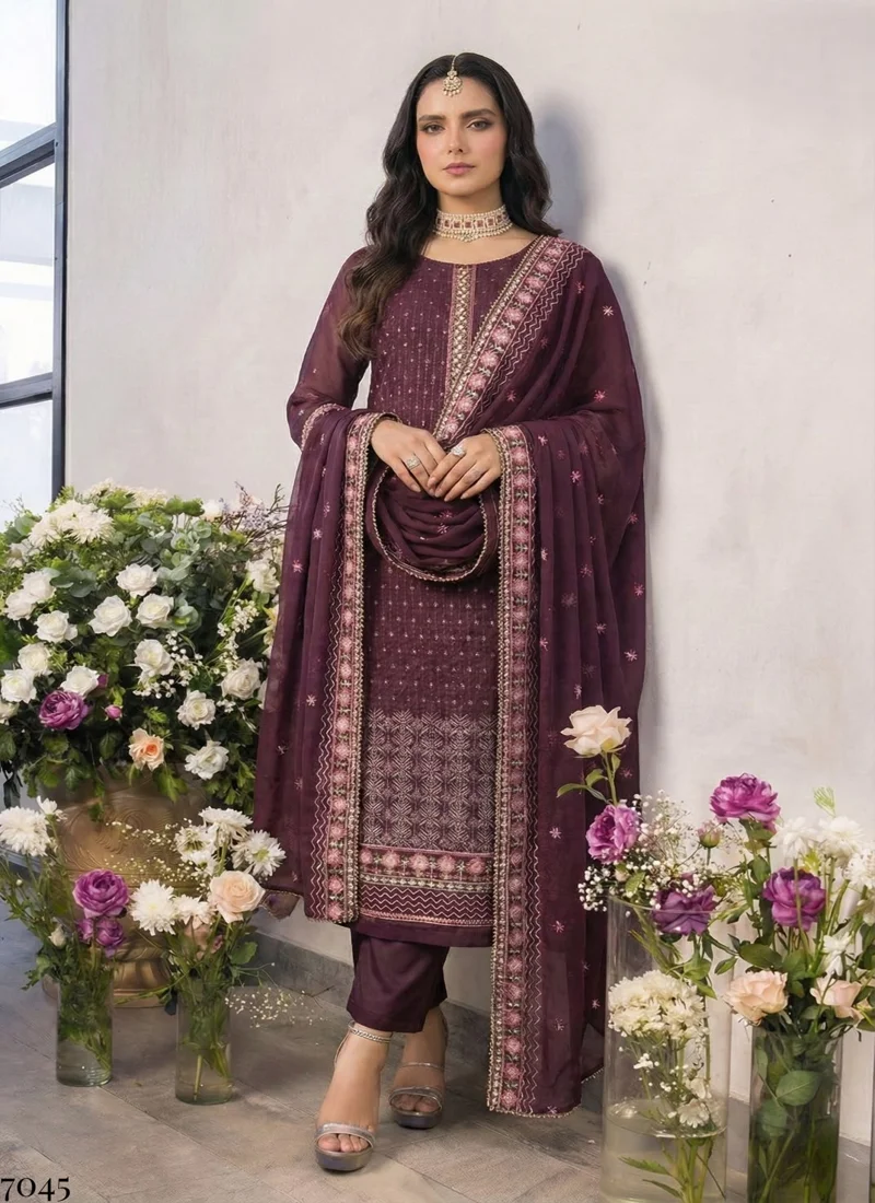 Violet Georgette Embroidered Designer Salwar Kameez - 7045 View 2