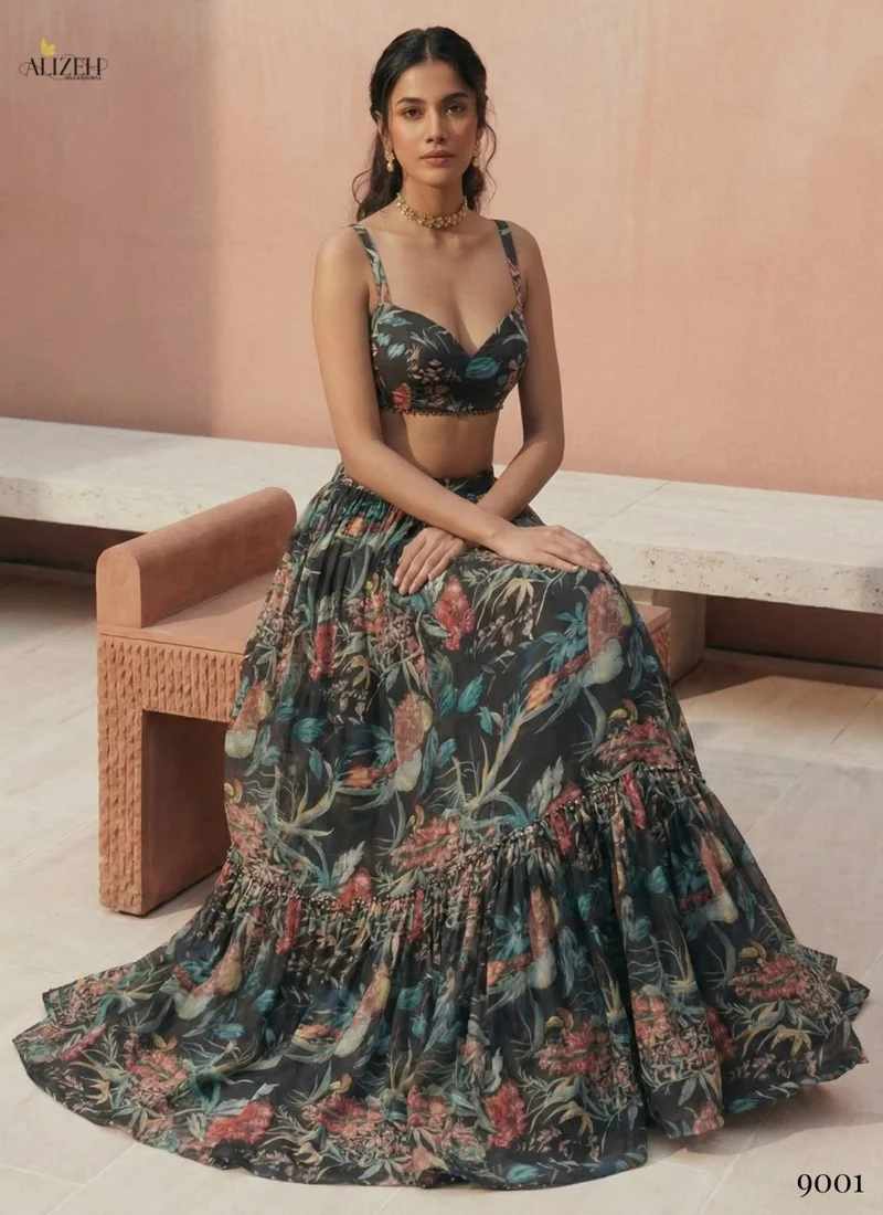 Black Georgette Printed Designer Ethnic Wear - 9001 View 2