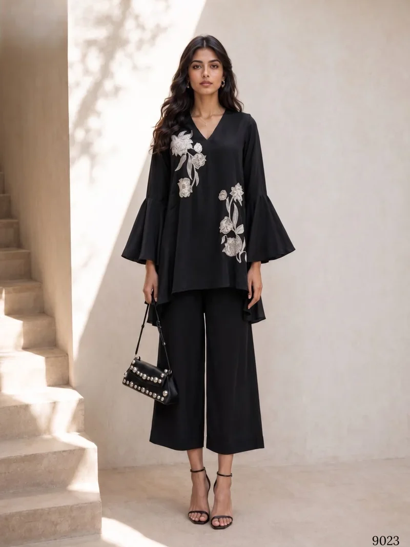 Black Pure Natural Crape Embroidered Designer Ethnic Wear - 9023 View 1