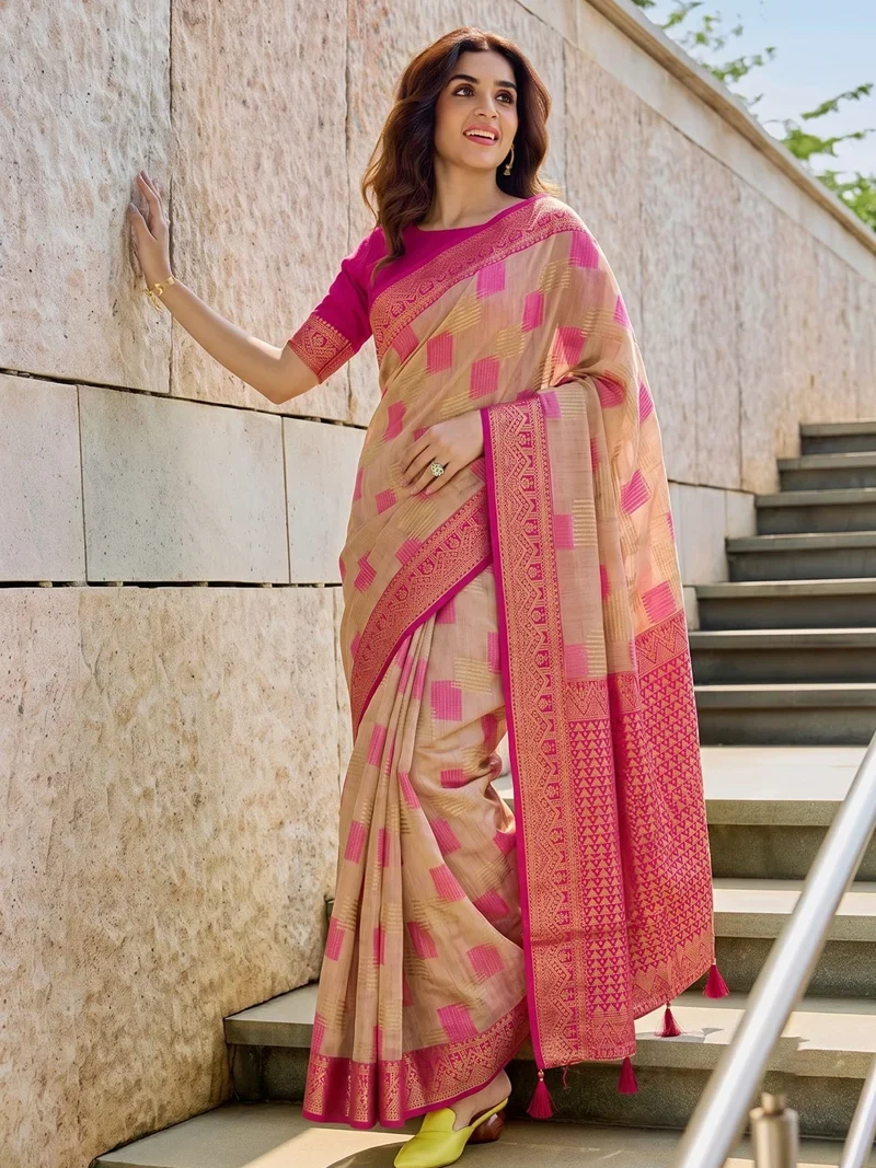 Pink Linen Cotton Printed Designer Saree - ASOPALAV1