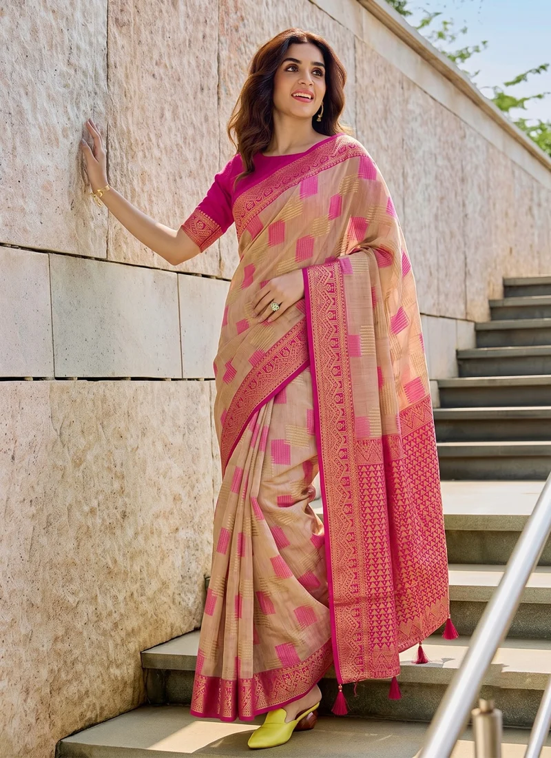 Pink Linen Cotton Printed Designer Saree - ASOPALAV1