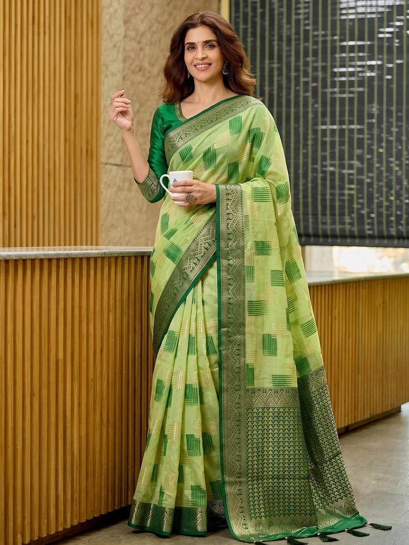 Green Linen Cotton Printed Designer Saree - ASOPALAV2