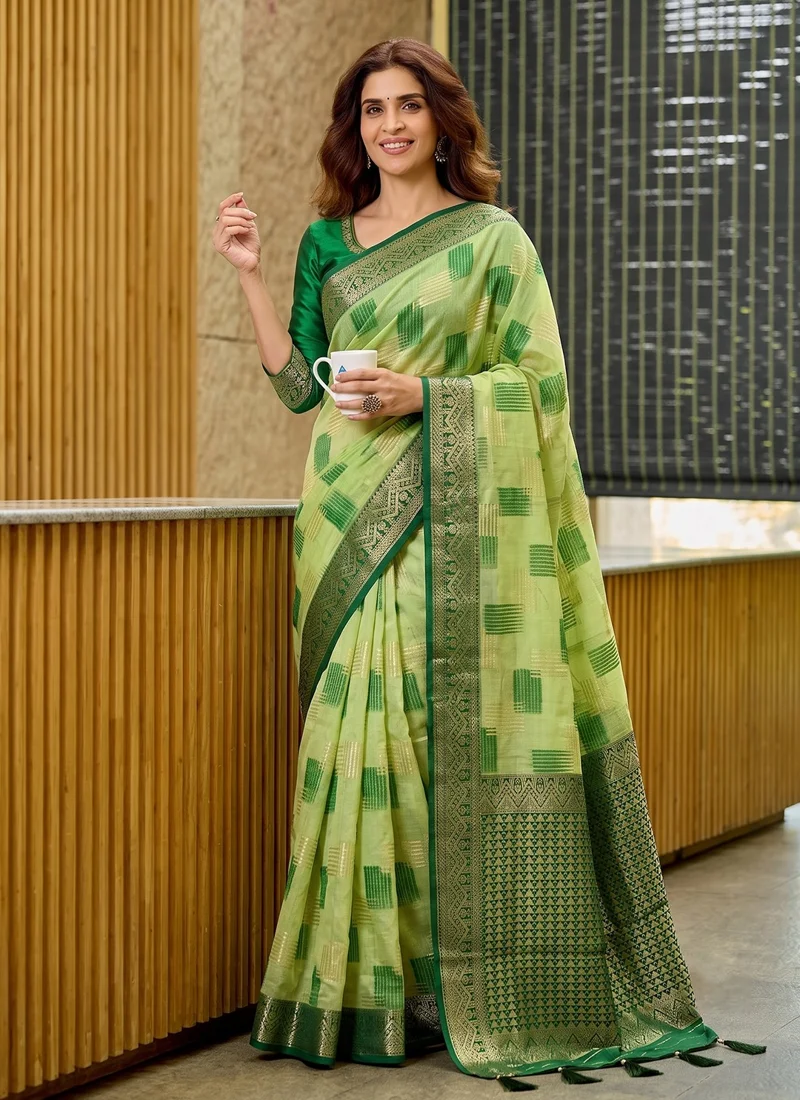 Green Linen Cotton Printed Designer Saree - ASOPALAV2