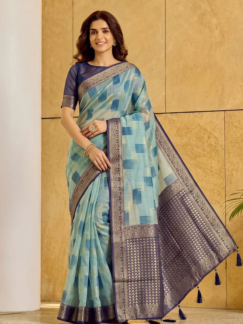 Sky Blue Linen Cotton Printed Designer Saree - ASOPALAV3