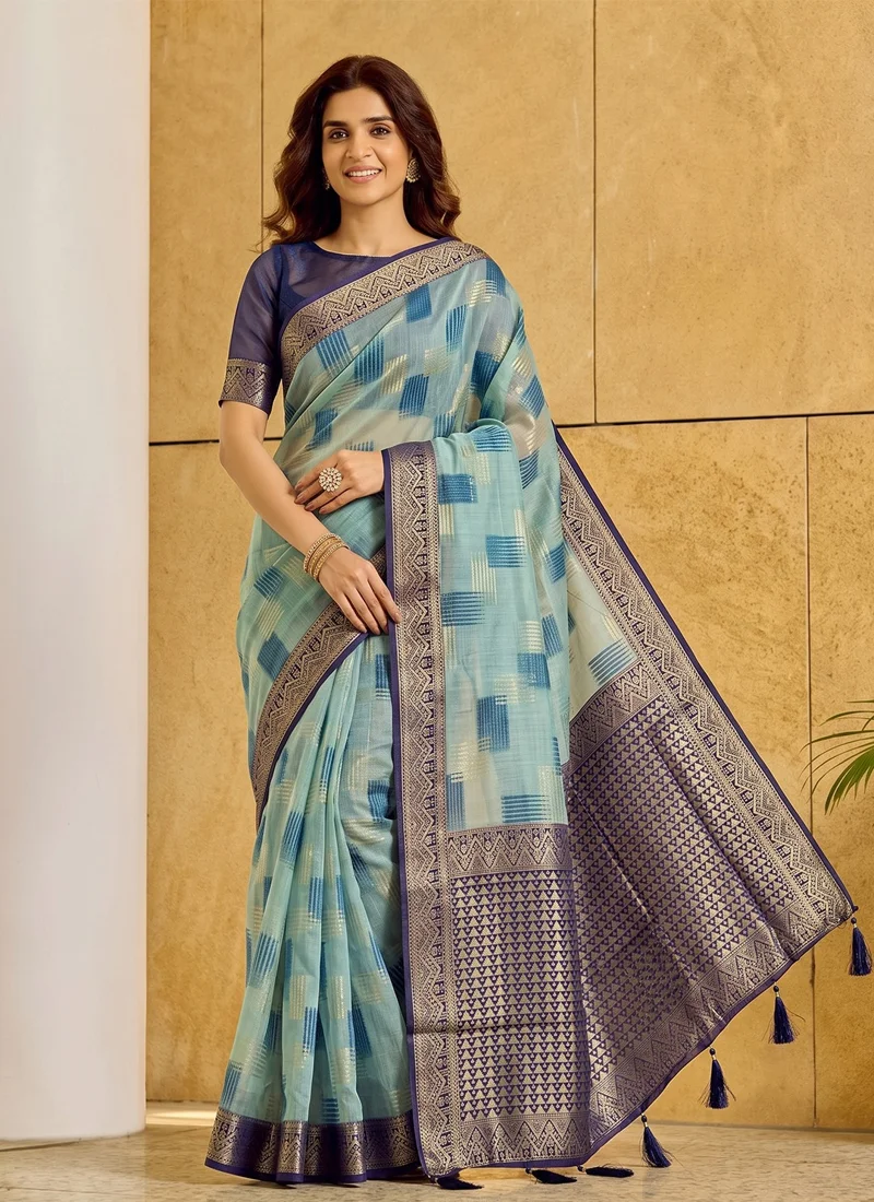 Sky Blue Linen Cotton Printed Designer Saree - ASOPALAV3