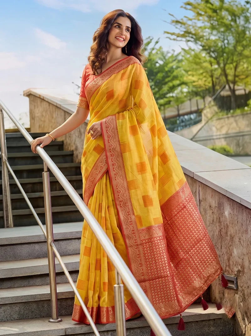 Orange Linen Cotton Printed Designer Saree - ASOPALAV4