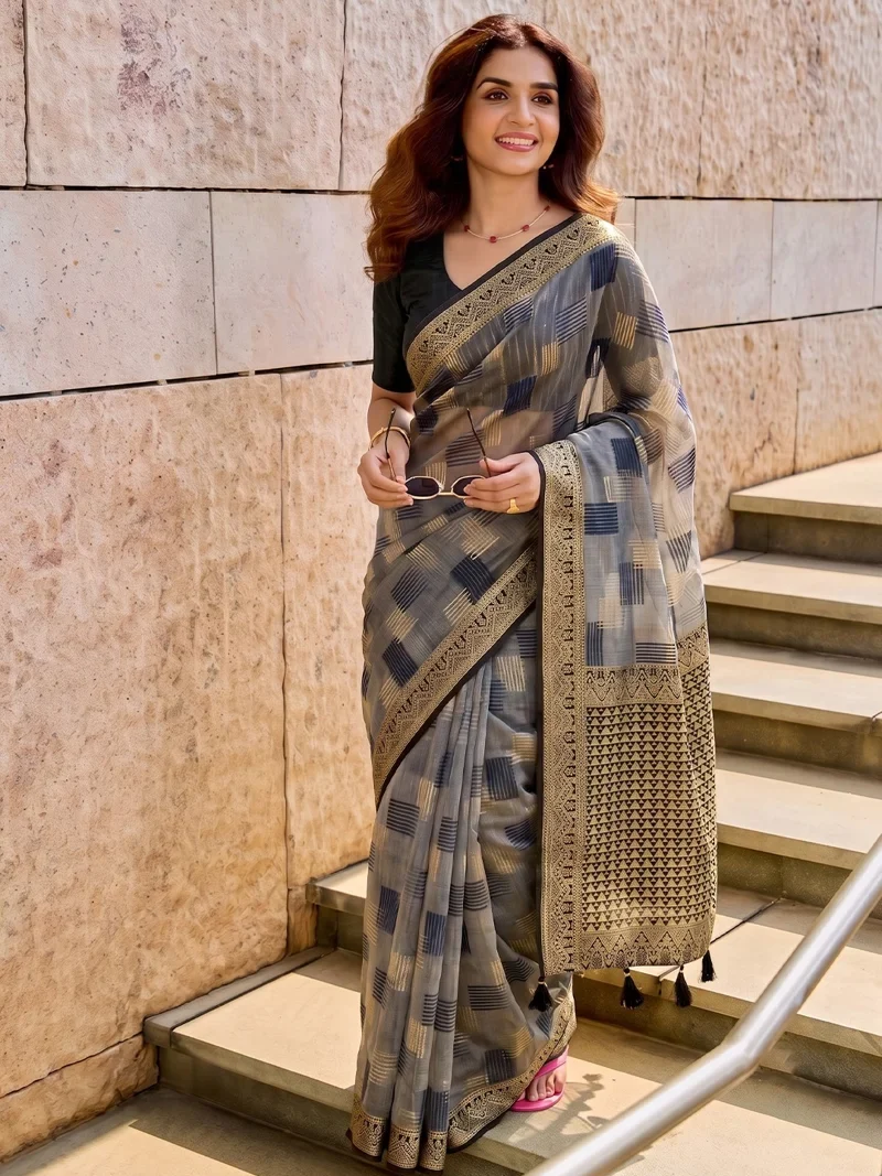 Grey Linen Cotton Printed Designer Saree - ASOPALAV5