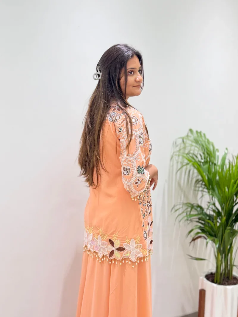 Peach Georgette With Micro Inner Sequence Embroidery Work Designer Salwar Kameez - BE-492 View 1
