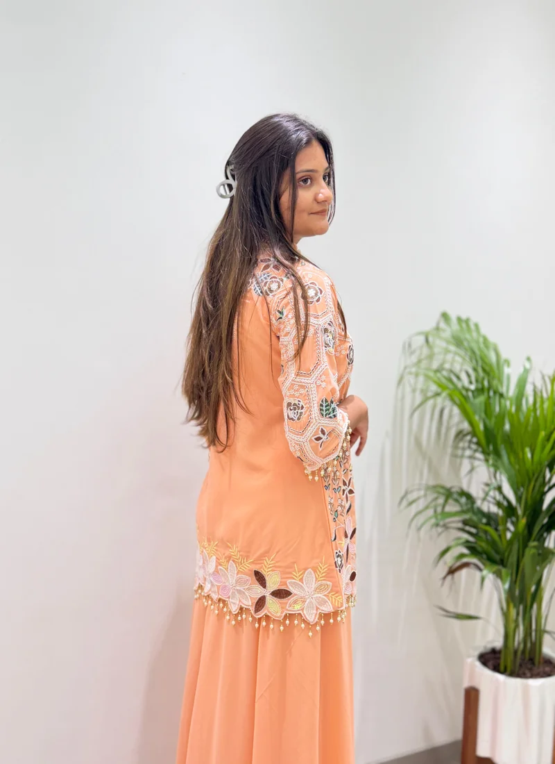 Peach Georgette With Micro Inner Sequence Embroidery Work Designer Salwar Kameez - BE-492 View 1