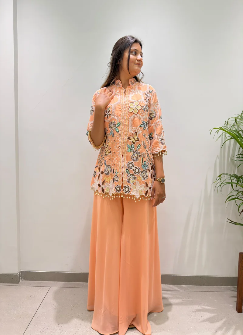 Peach Georgette With Micro Inner Sequence Embroidery Work Designer Salwar Kameez - BE-492 View 2
