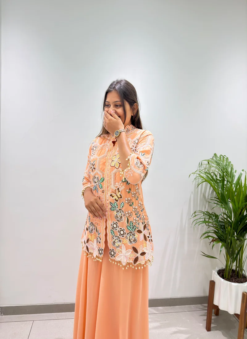 Peach Georgette With Micro Inner Sequence Embroidery Work Designer Salwar Kameez - BE-492 View 3