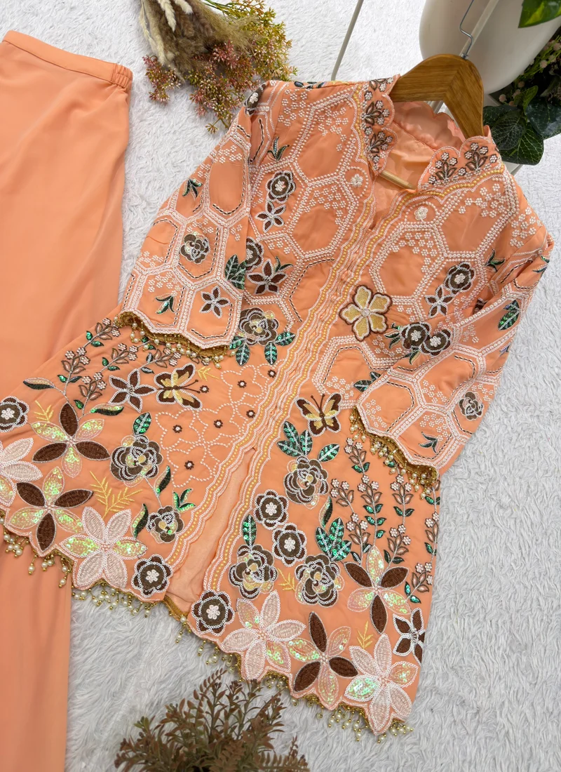 Peach Georgette With Micro Inner Sequence Embroidery Work Designer Salwar Kameez - BE-492 View 5