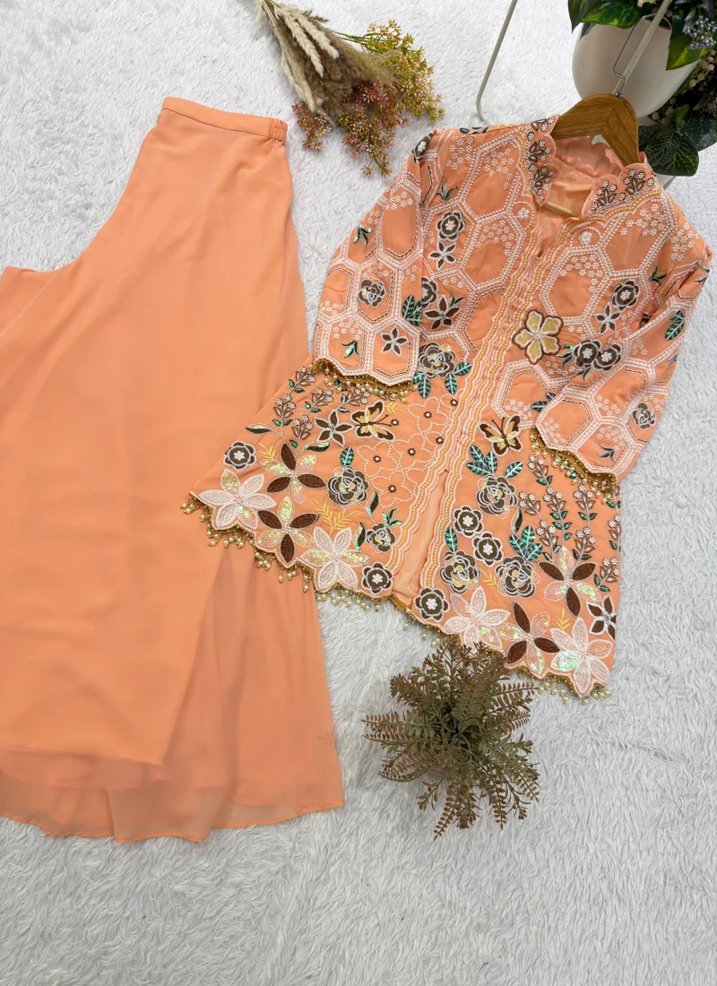 Peach Georgette With Micro Inner Sequence Embroidery Work Designer Salwar Kameez - BE-492 View 7