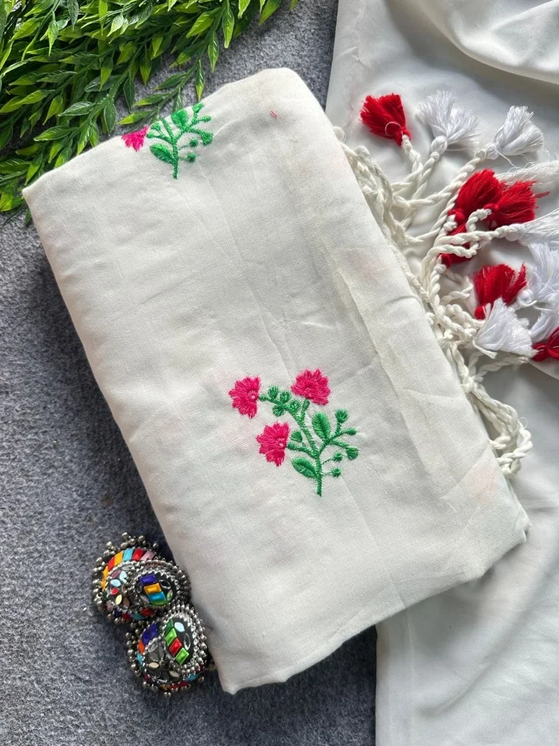 White Khadi Cotton Embroidered Designer Saree - Flower01