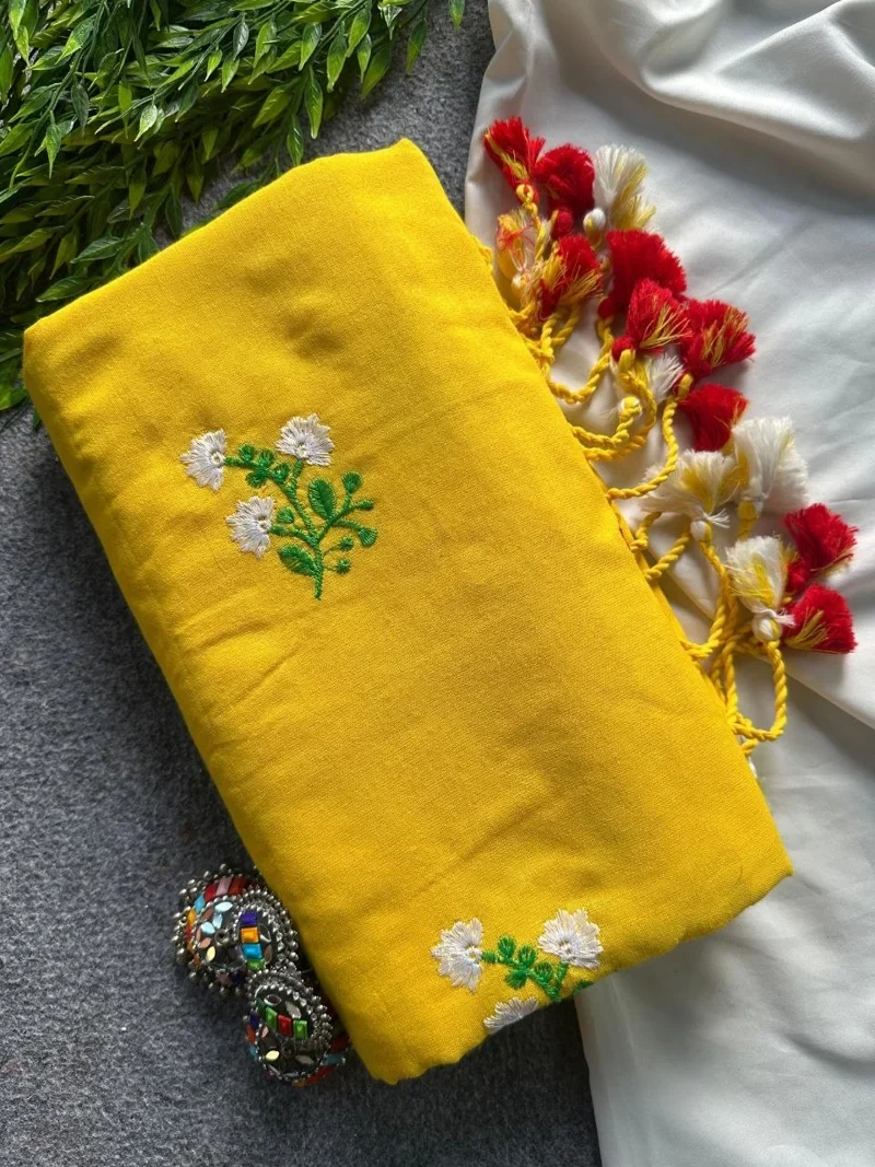 Yellow Khadi Cotton Embroidered Designer Saree - Flower02