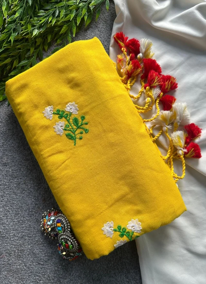Yellow Khadi Cotton Embroidered Designer Saree - Flower02