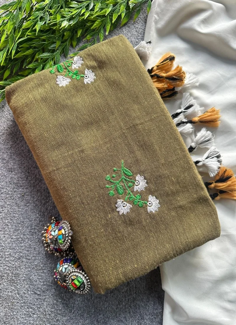 Dark Green Khadi Cotton Embroidered Designer Saree - Flower03