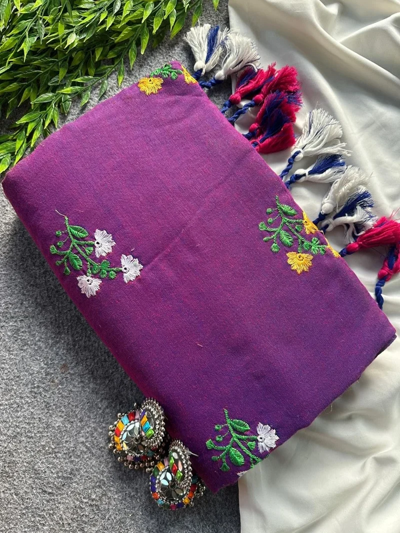 Purple Khadi Cotton Embroidered Designer Saree - Flower04