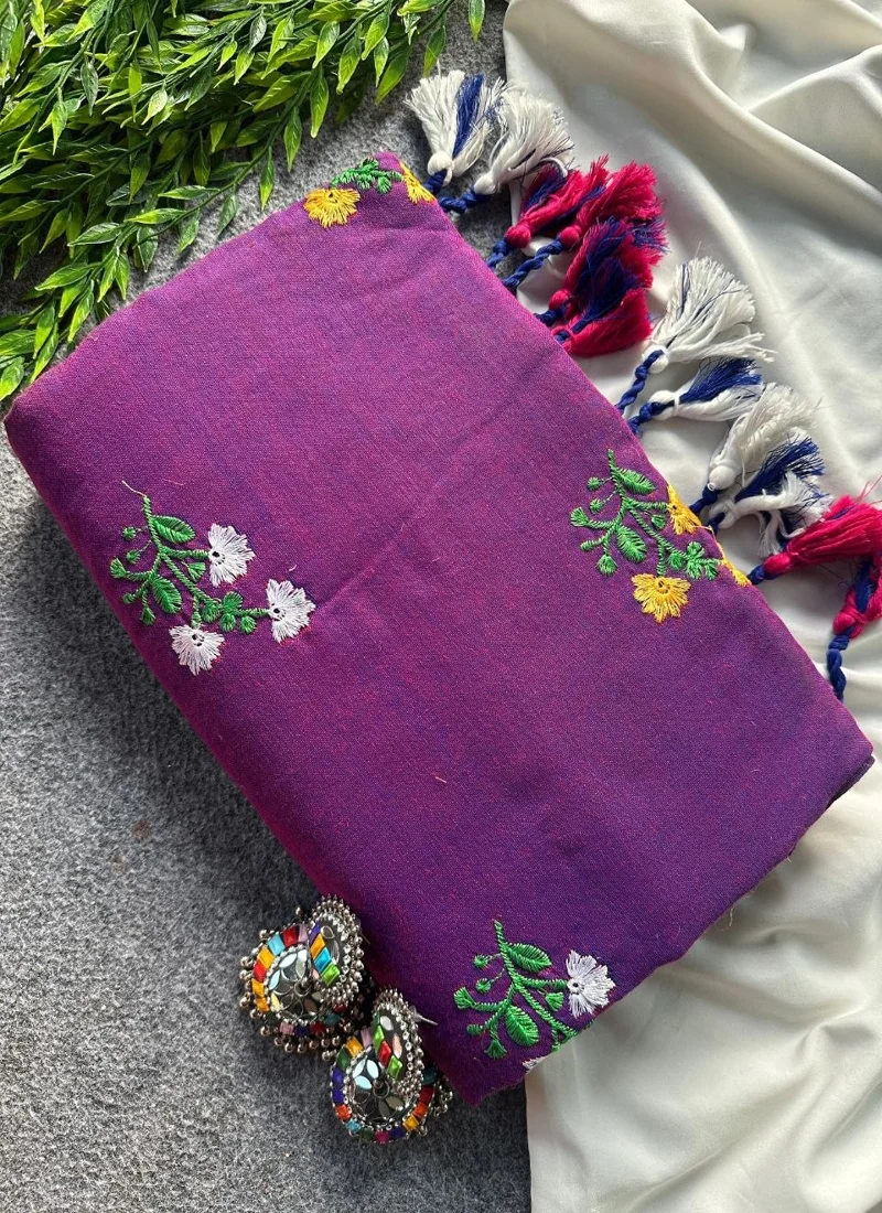 Purple Khadi Cotton Embroidered Designer Saree - Flower04