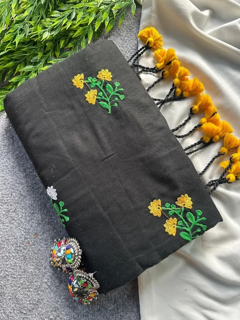 Black Khadi Cotton Embroidered Designer Saree - Flower05
