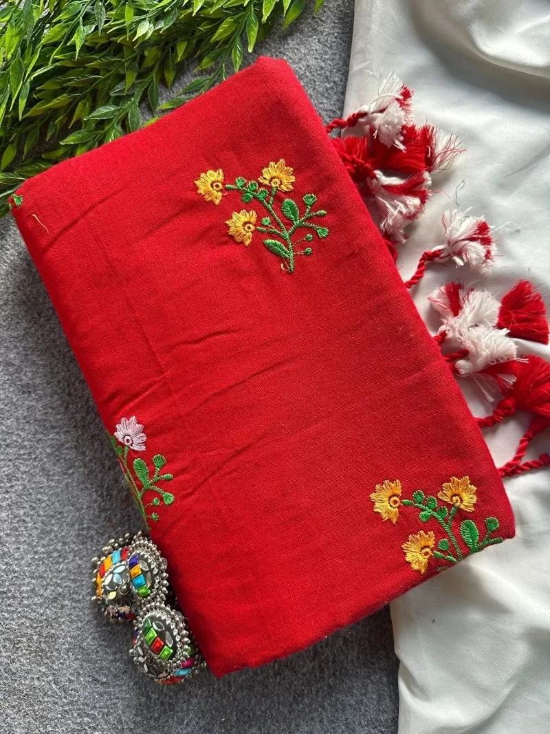 Red Khadi Cotton Embroidered Designer Saree - Flower06