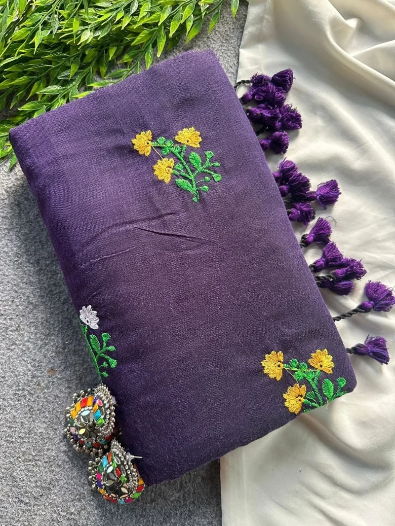 Purple Khadi Cotton Embroidered Designer Saree - Flower07