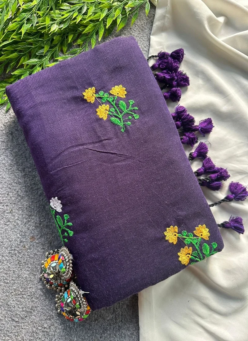 Purple Khadi Cotton Embroidered Designer Saree - Flower07