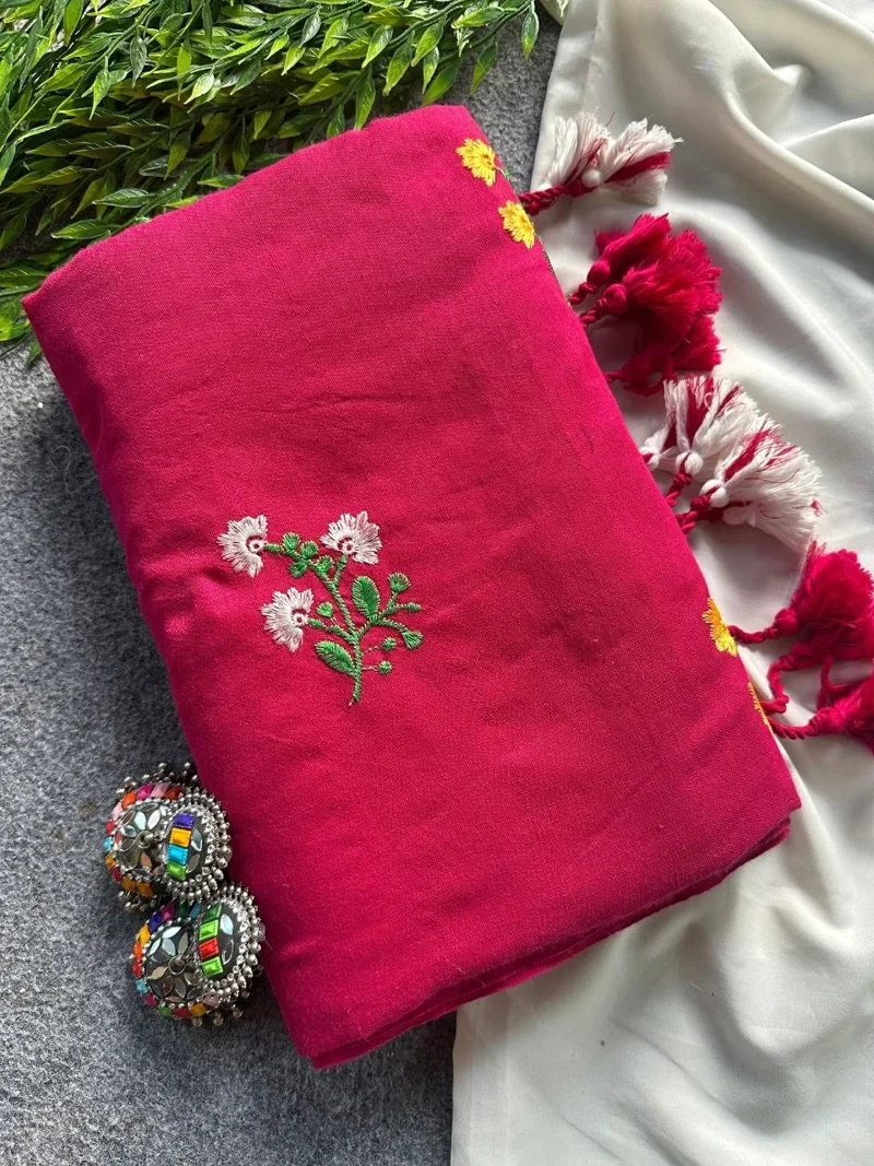 Dark Pink Khadi Cotton Embroidered Designer Saree - Flower08