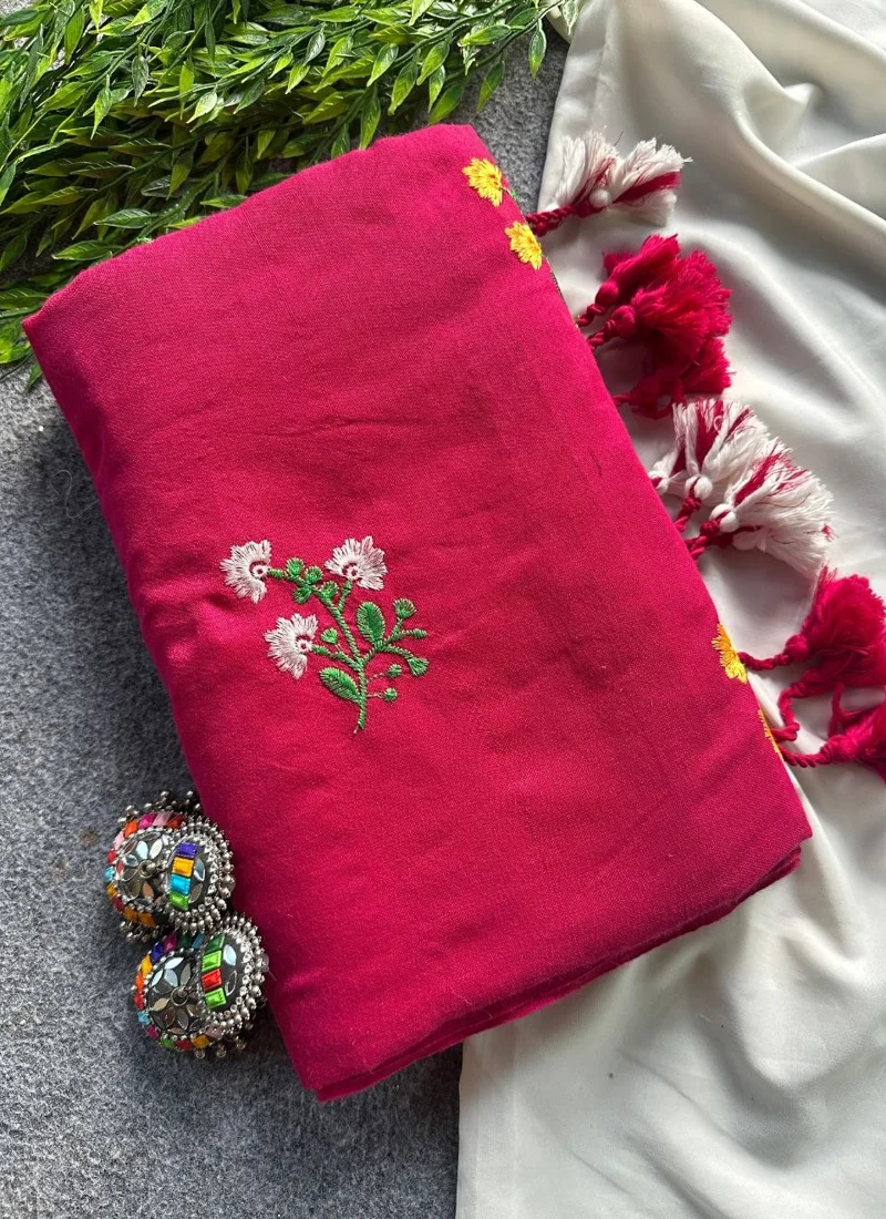 Dark Pink Khadi Cotton Embroidered Designer Saree - Flower08