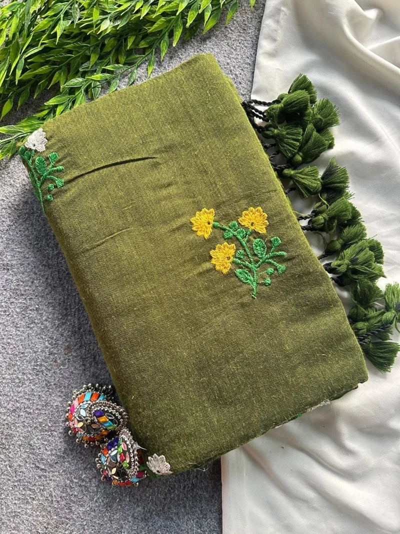 Green Khadi Cotton Embroidered Designer Saree - Flower09