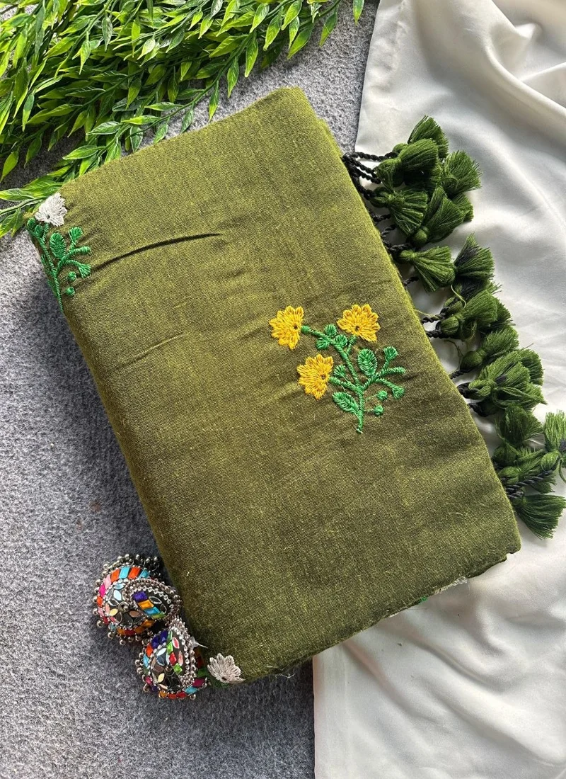 Green Khadi Cotton Embroidered Designer Saree - Flower09