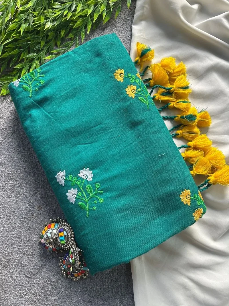 Rama Green Khadi Cotton Embroidered Designer Saree - Flower10
