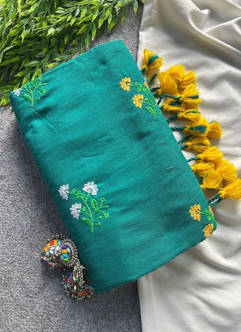 Rama Green Khadi Cotton Embroidered Designer Saree - Flower10