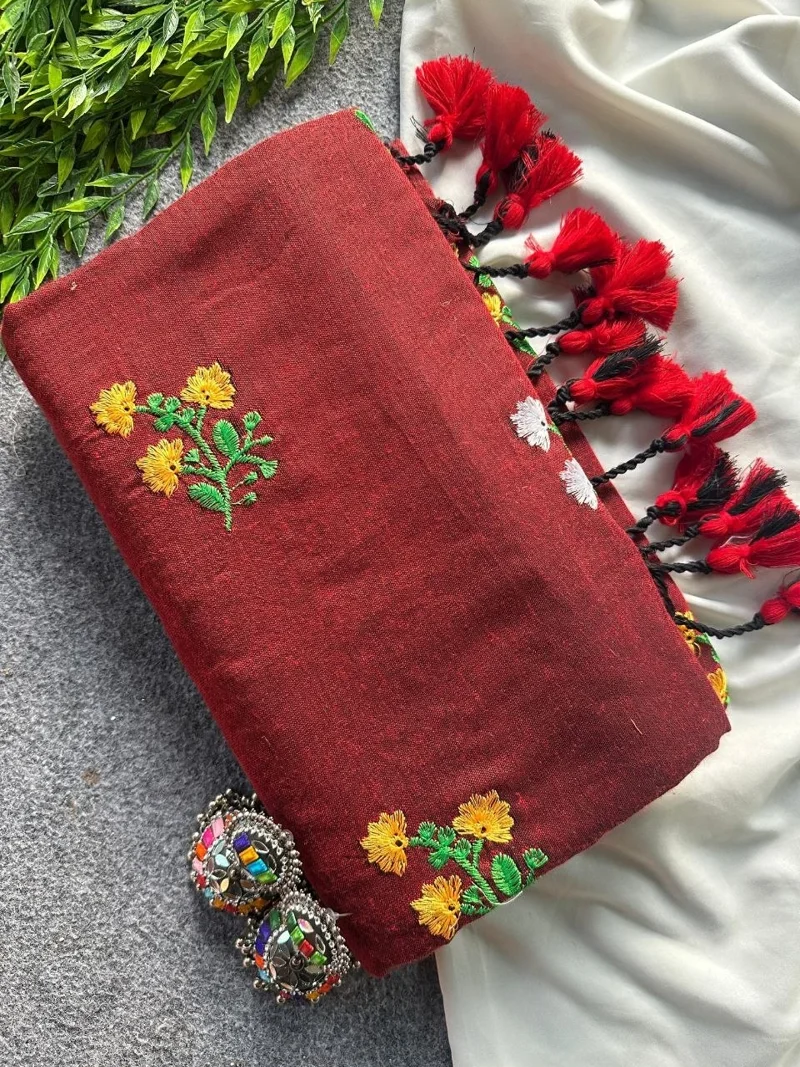 Maroon Khadi Cotton Embroidered Designer Saree - Flower11