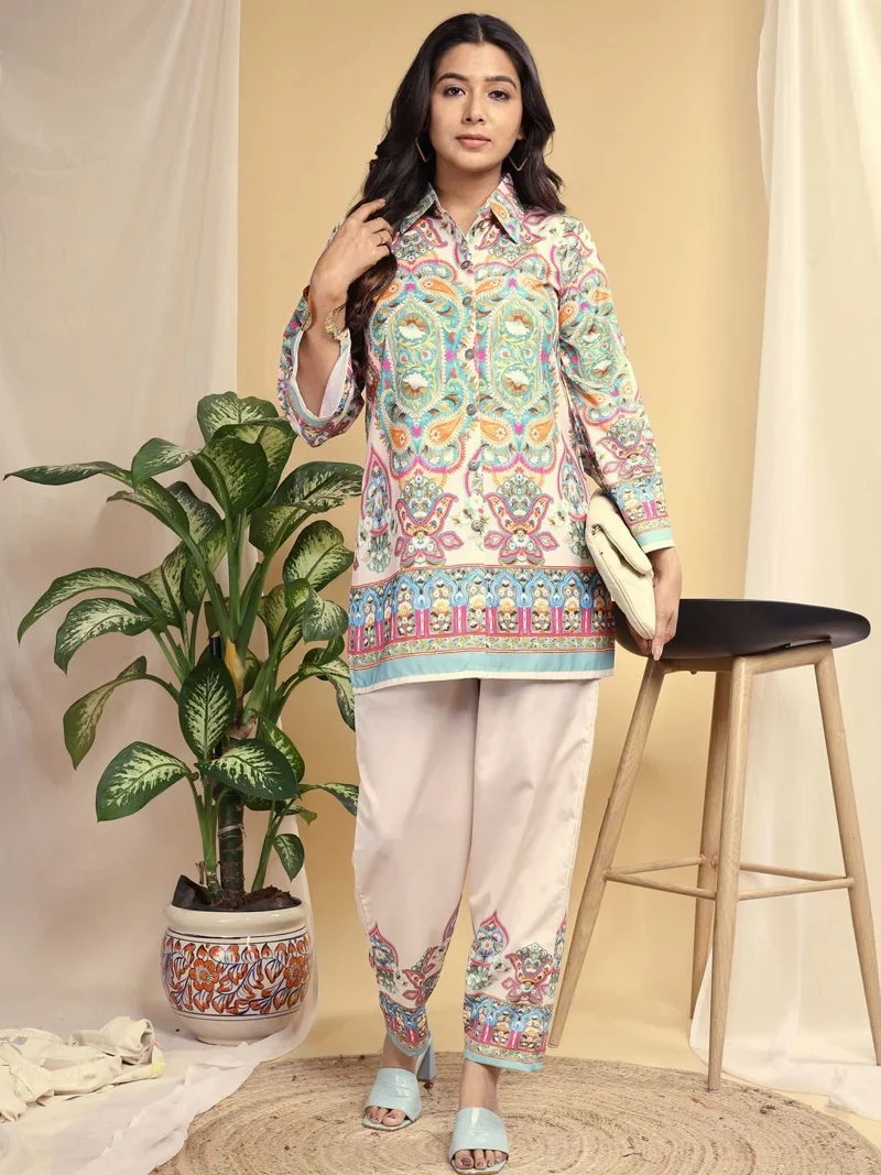 Off White Maslin Delux Digital Print Designer Ethnic Wear - Ivory 19 Whisper Co-ord Set View 1
