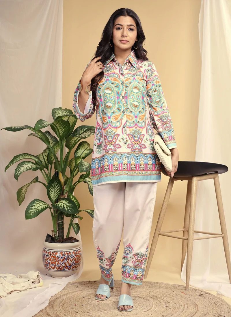 Off White Maslin Delux Digital Print Designer Ethnic Wear - Ivory 19 Whisper Co-ord Set View 1