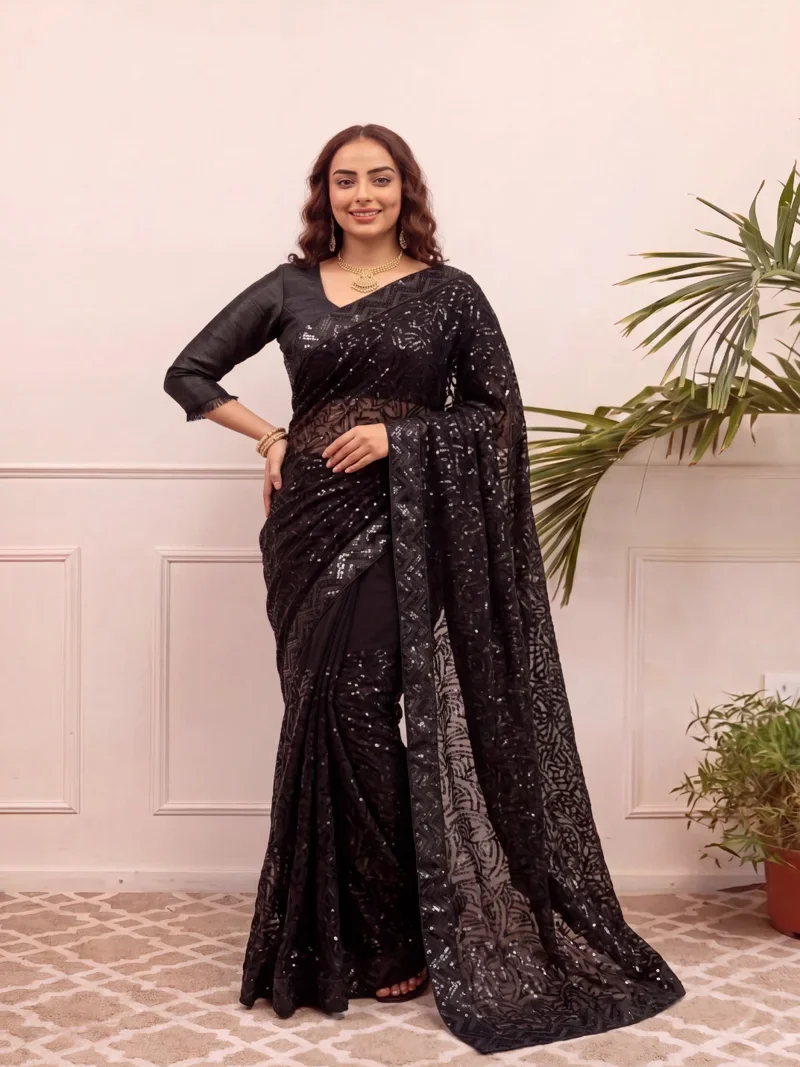 Black Georgette Embroidery Sequence work with Senquence lace Designer Saree - JR-605