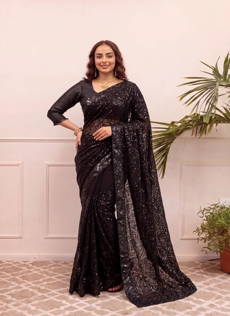 Black Georgette Embroidery Sequence work with Senquence lace Designer Saree - JR-605