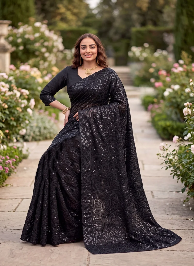 Black Georgette Embroidery Sequence work with Senquence lace Designer Saree - JR-605 - Image 2