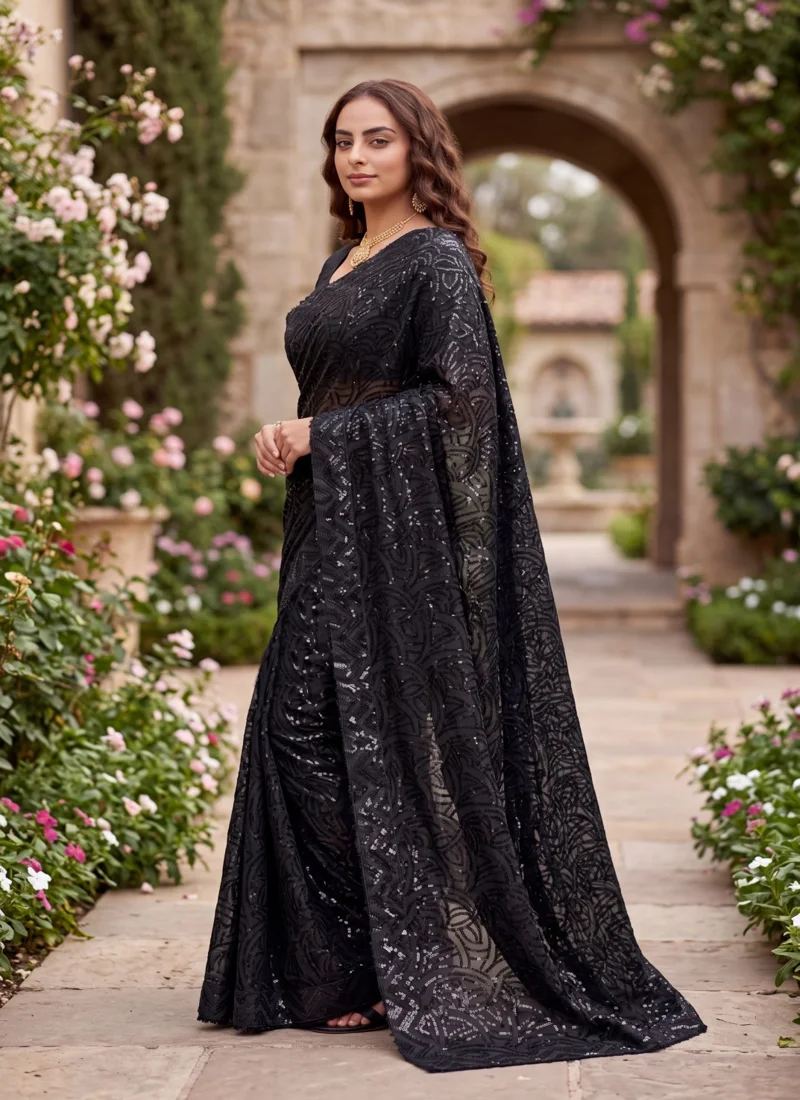Black Georgette Embroidery Sequence work with Senquence lace Designer Saree - JR-605 - Image 3