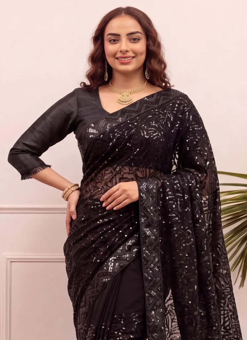 Black Georgette Embroidery Sequence work with Senquence lace Designer Saree - JR-605 - Image 4