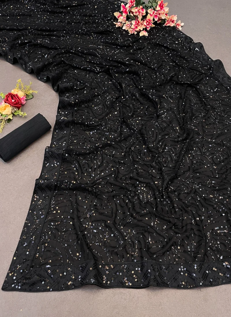 Black Georgette Embroidery Sequence work with Senquence lace Designer Saree - JR-605 - Image 5