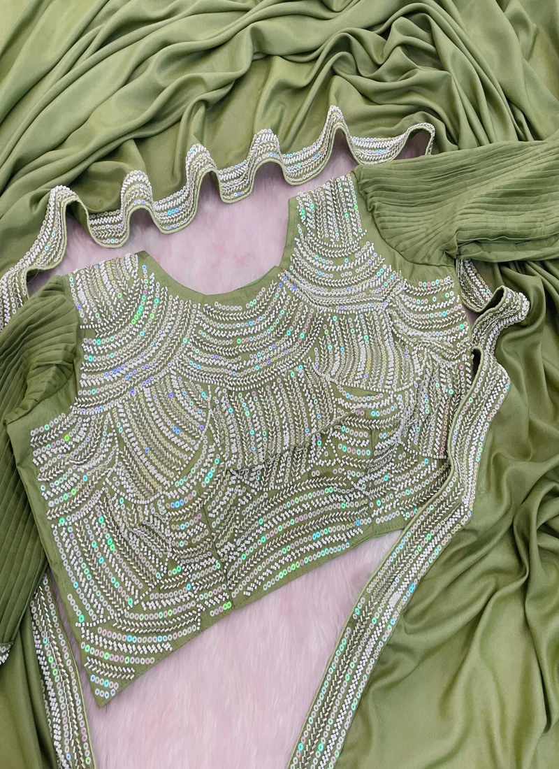 Green Chocolate Silk Beads Embroidered Lace with piping Designer Saree - JR-653_Green