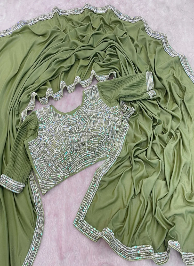 Green Chocolate Silk Beads Embroidered Lace with piping Designer Saree - JR-653_Green - Image 2
